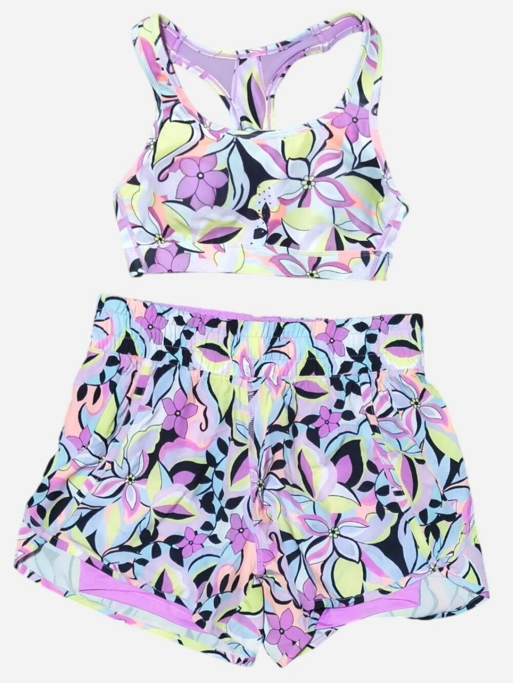 Avia multicoloured mod psychedelic floral sports bra and shorts with built